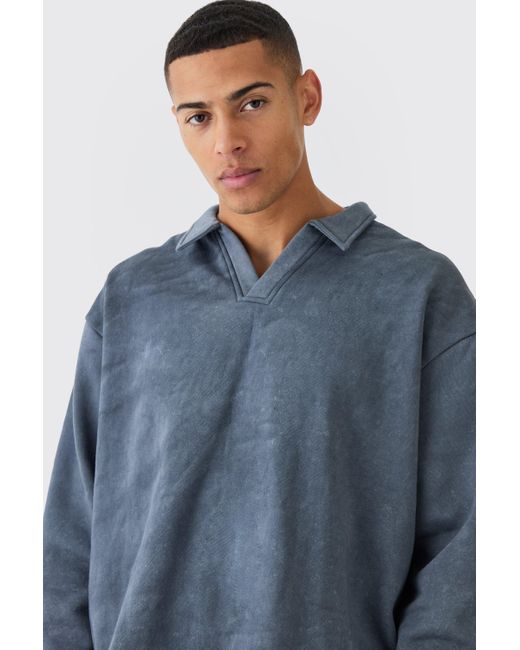 BoohooMAN Blue Oversized Washed Revere Rugby Sweatshirt Polo for men