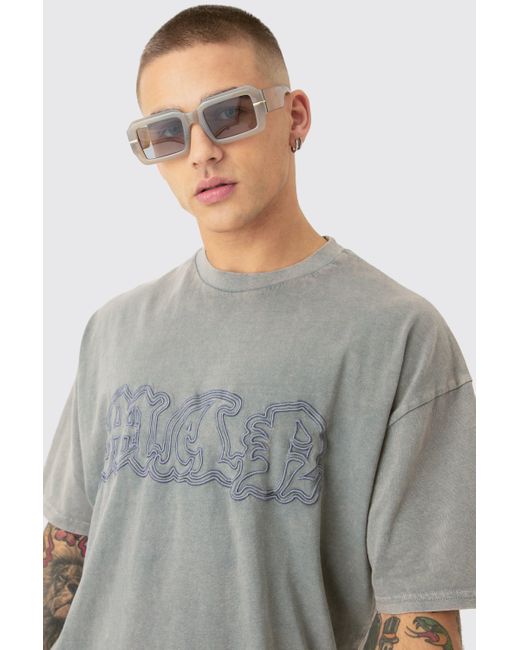 BoohooMAN Oversized Acid Wash Official Embroidered Distressed T-shirt in Gray für Herren