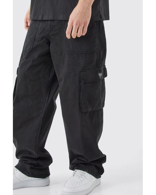 BoohooMAN Black Fixed Waist Cargo Zip Pants With Rubberised Tab for men