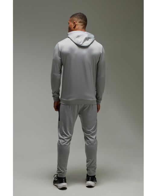 BoohooMAN Gray Active Slim Fit Colour Block Hooded Tracksuit for men