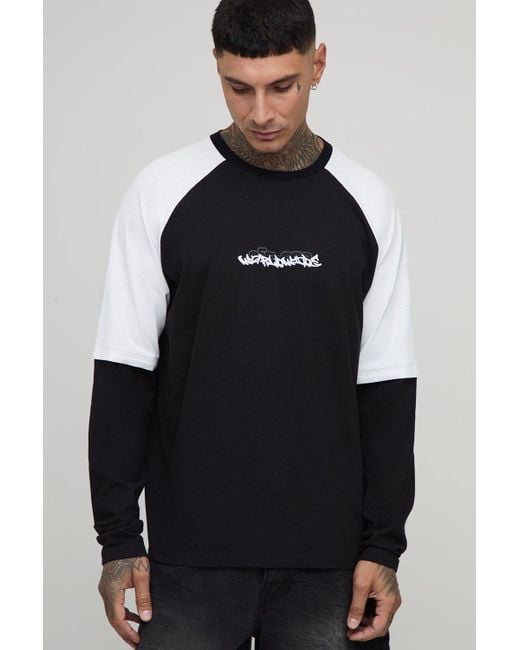 BoohooMAN Black Tall Oversized Boxy Faux Layer Embroidered Graphic Raglan T-Shirt for men