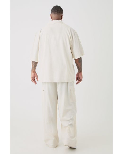 BoohooMAN White Plus Elasticated Waist Oversized Linen Cargo Trouser In Natural for men
