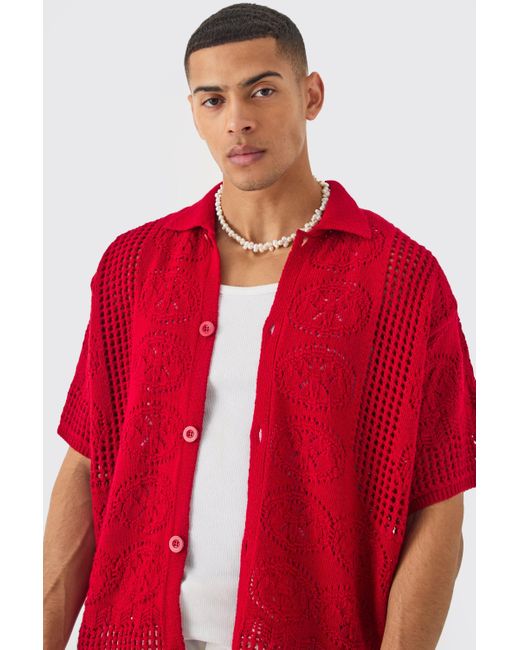 BoohooMAN Oversized Boxy Open Stitch Detail Knitted Shirt In Red for men
