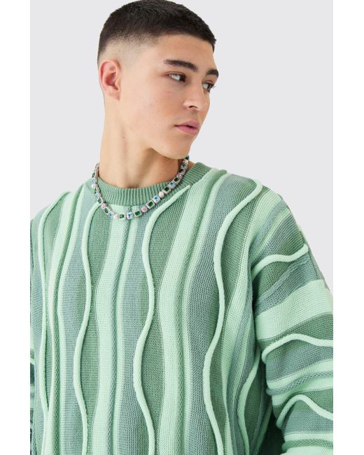 BoohooMAN Green Oversized 3d Jacquard Knitted Jumper for men