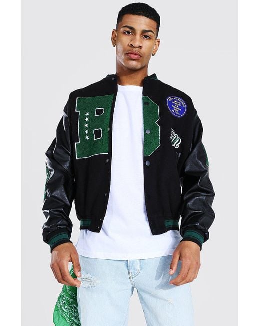 BoohooMAN Black B Varsity Bomber With Leather Look Sleeves for men