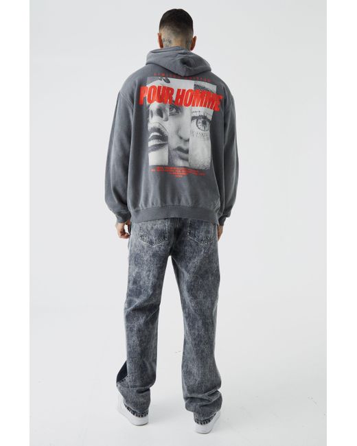 BoohooMAN Gray Tall Oversized Pour Homme Acid Wash Graphic Hoodie for men