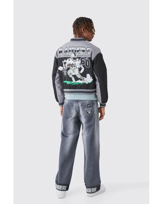 BoohooMAN Gray Nfl Boxy Raiders Varsity Nylon Embroidered Jacket for men