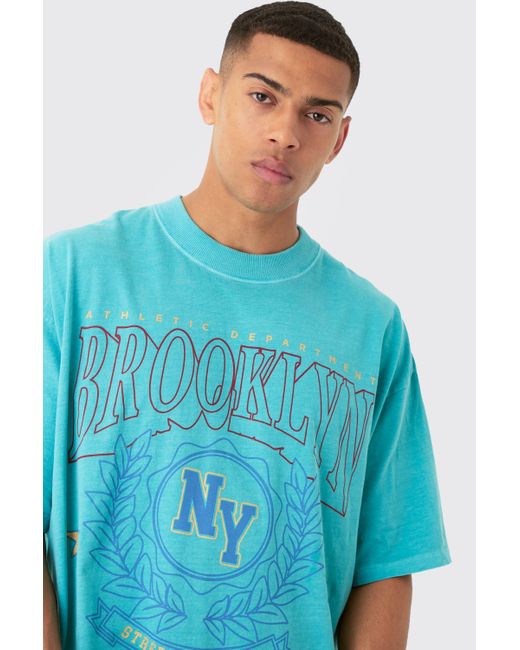 BoohooMAN Blue Oversized Extended Neck Wash Varsity Brooklyn Print T-shirt for men