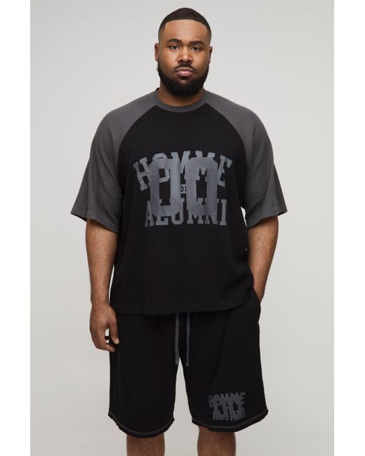 BoohooMAN Black Plus Oversized Boxy Raglan Waffle Graphic T-Shirt & Short Set for men