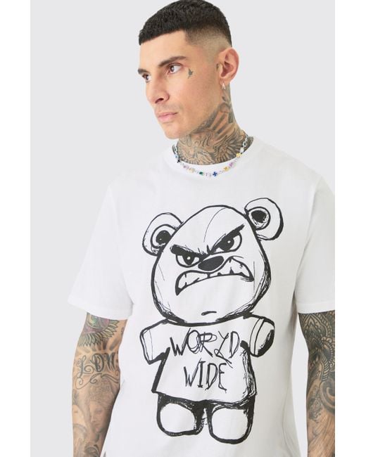 BoohooMAN Tall Oversized Evil Teddy T-shirt In White for men