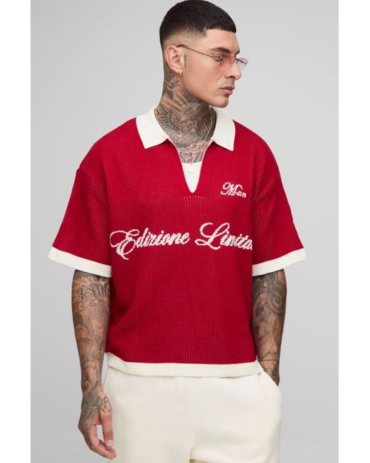 BoohooMAN Red Tall Oversized Boxy Rib Knitted Polo for men