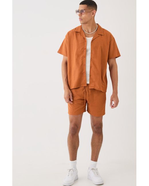 BoohooMAN Short Sleeve Boxy Linen Shirt & Short in Orange für Herren
