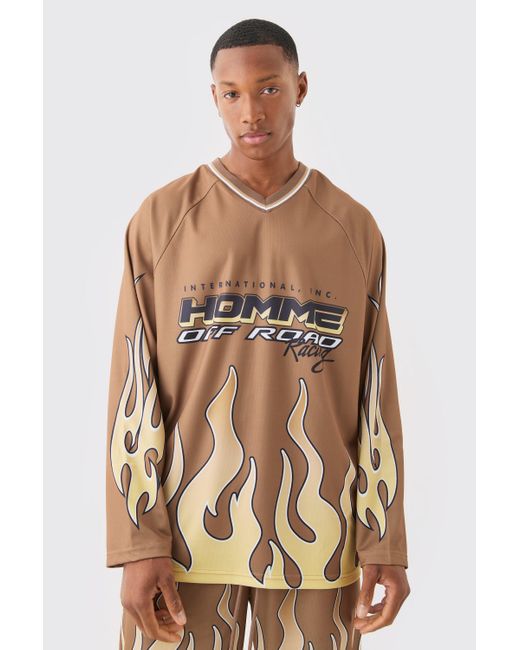 Homme Flame V Neck Mesh Long Sleeve T-Shirt Boohoo de color Brown