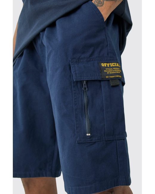 BoohooMAN Tall Fixed Waist Twill Relaxed Cargo Zip Detail Tab Short in Blue für Herren