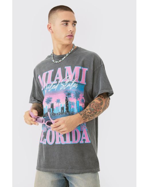 BoohooMAN Gray Oversized Miami Florida Printed Wash T-shirt for men
