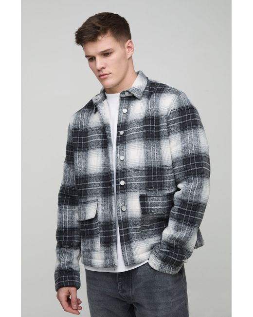BoohooMAN Tall karierte Shacket mit Borg-Futter in Gray für Herren