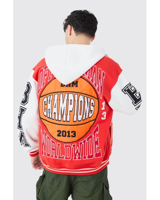 BoohooMAN Oversized Applique Basketball Jersey Varsity Jacket in Red ...