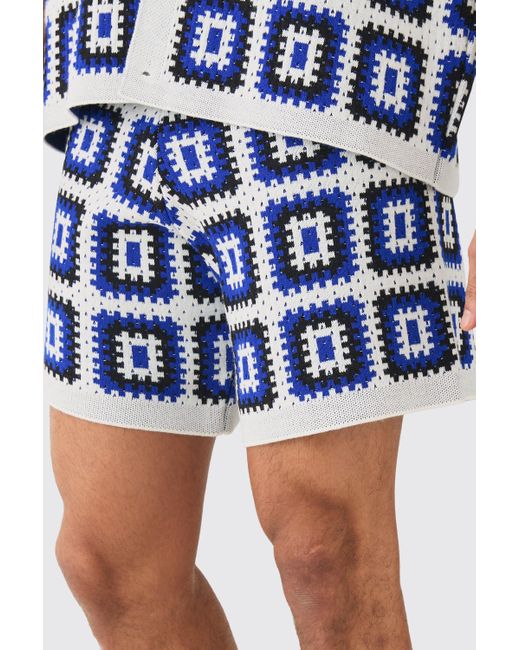BoohooMAN Blue Relaxed Crochet Knit Short In White for men