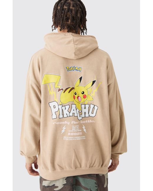 BoohooMAN Natural Oversized Overdye Pokemon Pikachu License Hoodie for men