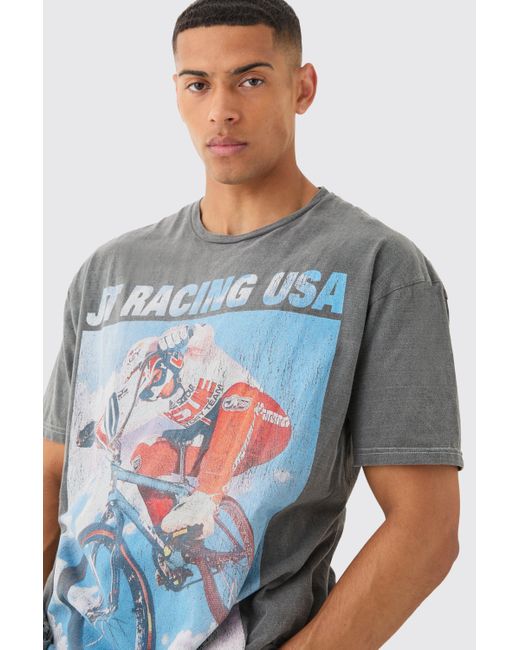 BoohooMAN Oversized Jt Racing Wash License T-shirt in Blue für Herren