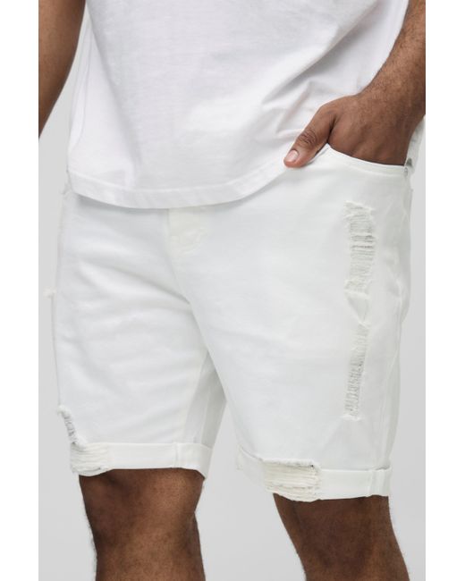 BoohooMAN Plus zerrissene Skinny Stretch Jeansshorts in White für Herren