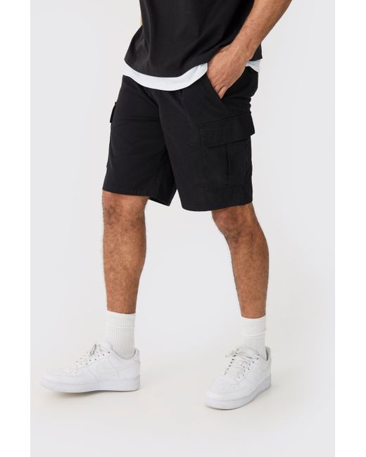 BoohooMAN Elastic Waist Black Relaxed Fit Cargo Shorts for men
