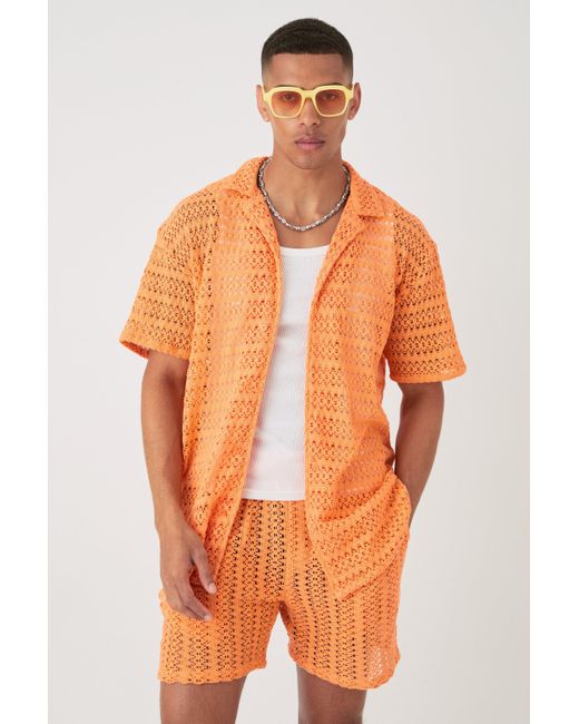 BoohooMAN Orange Oversized Weave Look Shirt & Short for men