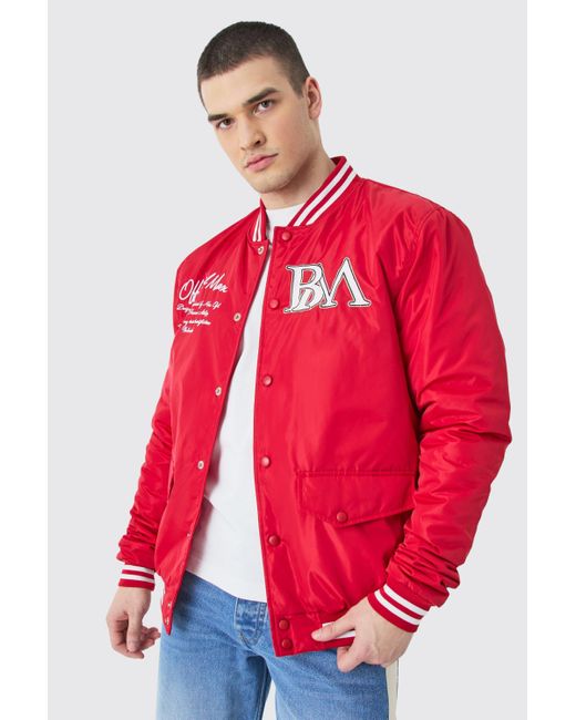 BoohooMAN Red Tall Nylon Varsity Jacket With Badges for men