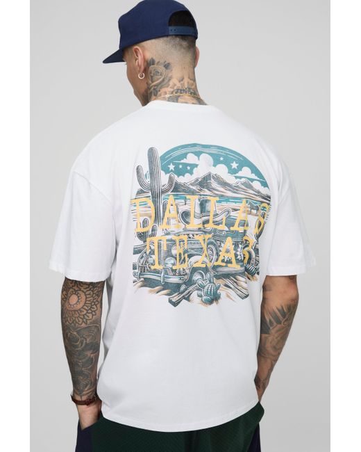 BoohooMAN Blue Tall Oversized Western Dallas Texas Landscape Print T-Shirt for men