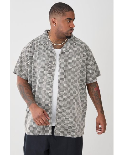 BoohooMAN Gray Plus Short Sleeve Oversized Revere Open Weave Flannel Shirt for men