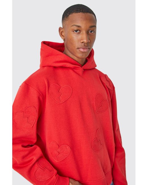 BoohooMAN Red Oversized Boxy All Over Heart Applique Hoodie for men