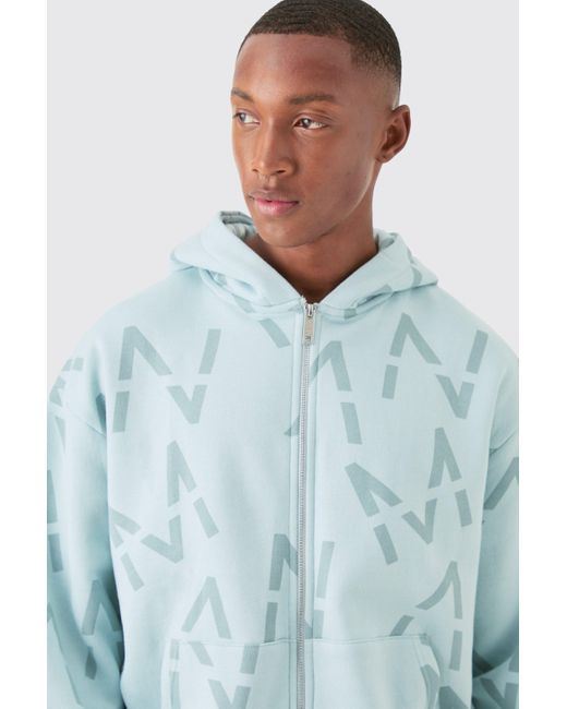 BoohooMAN Blue Oversized Boxy All Over Print Zip Hoodie Short Tracksuit for men