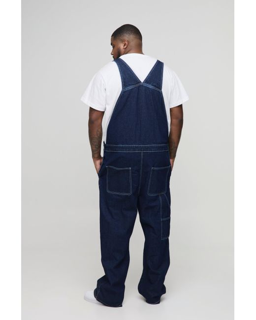 BoohooMAN Blue Plus Straight Leg Contrast Stitch Overalls for men