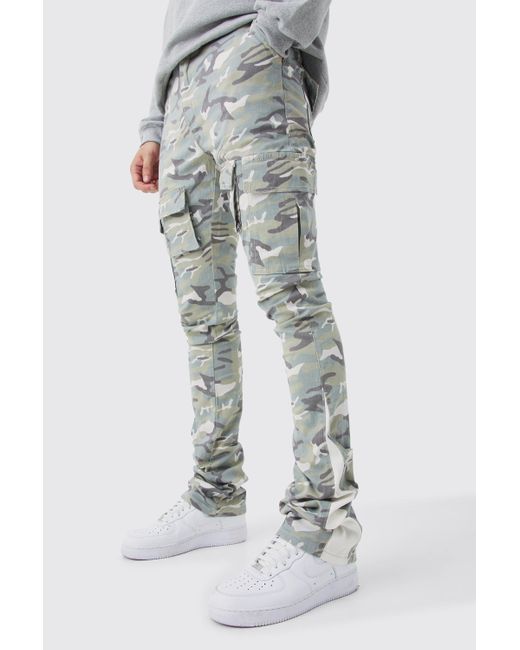 BoohooMAN Green Tall Skinny Stacked Flare Gusset Camo Cargo Trouser for men