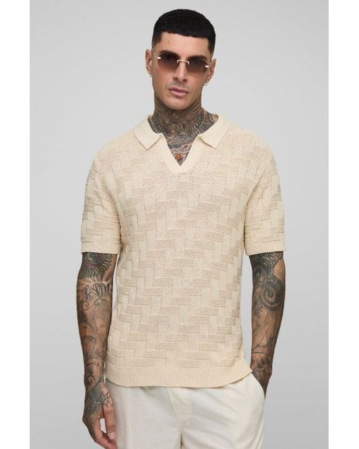 BoohooMAN Natural Tall Oversized Boxy Cross Hatch Crochet Polo Shirt for men