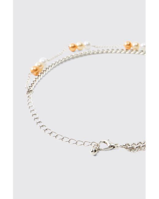 BoohooMAN White Pearl & Beaded Chain Necklace for men