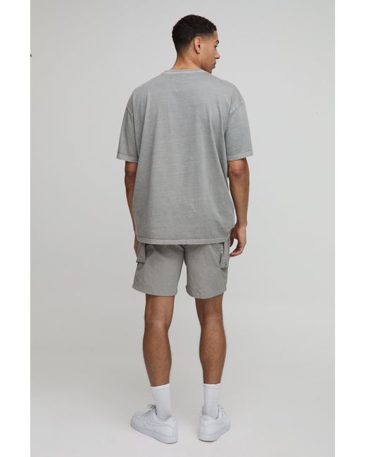 BoohooMAN Gray Elasticated Waist Relaxed Crinkle Nylon Cargo Shorts for men