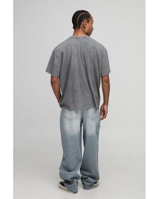 BoohooMAN Gray Charcoal Oversized Washed Official Moto Printed T-Shirt for men