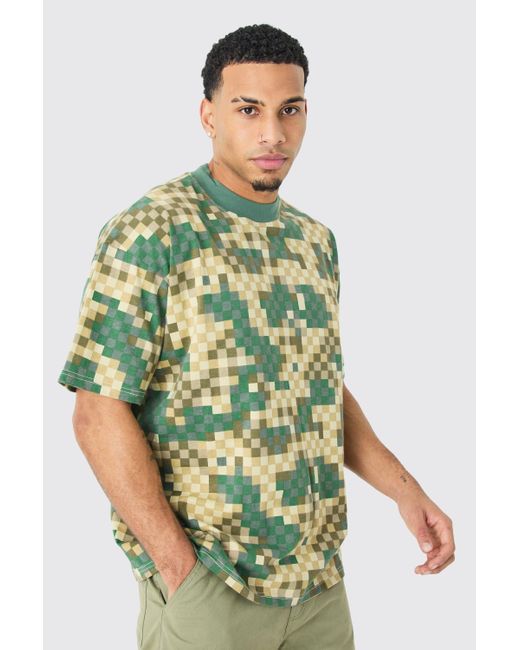 BoohooMAN Green Heavy Weight Pixel Camo Oversized Extended Neck T-shirt for men