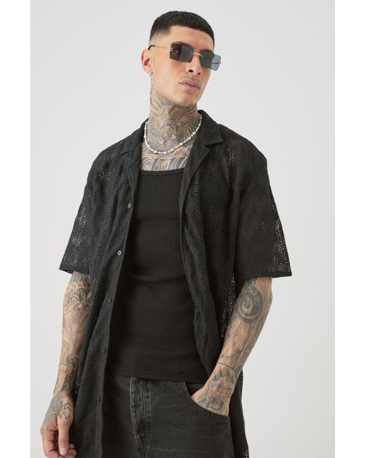 BoohooMAN Black Tall Short Sleeve Oversized Revere Open Weave Shirt for men