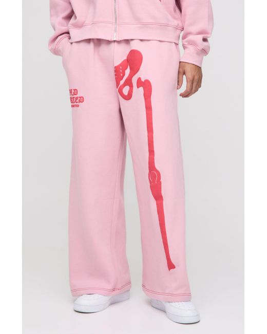 BoohooMAN Pink Extreme Wide Leg Skeleton Puff Print Sweatpants for men