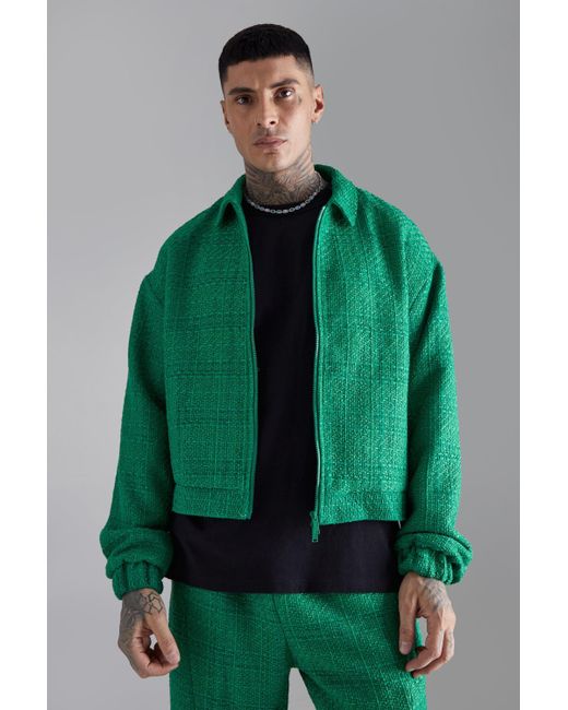 BoohooMAN Green Tall Oversized Boxy Boucle Zip Through Jacket for men