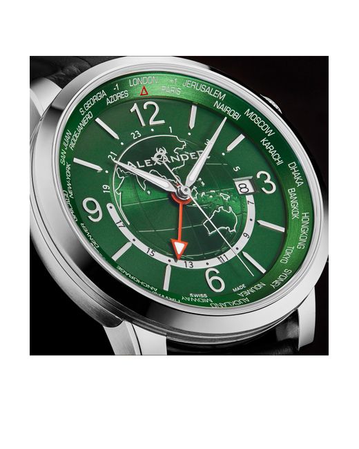 BoohooMAN Green Alexander Alexander A171a Journeyman 2 Luxury 42mm World Traveler Watch With Dark Blue Enamel Earth Pattern Crown for men