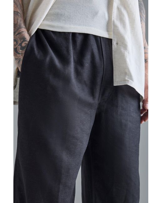 BoohooMAN Tall Elasticated Waist Relaxed Linen Trouser In Black for men