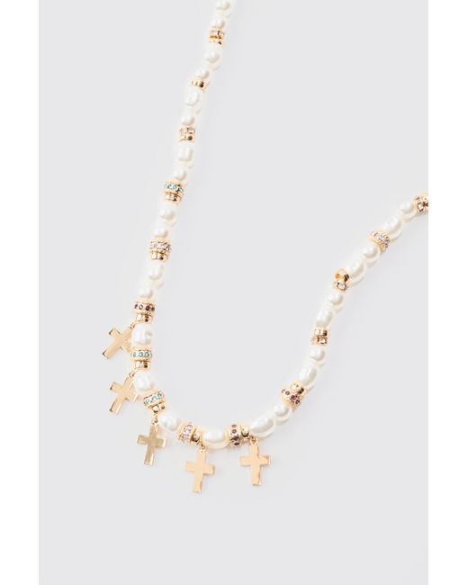 Boohoo Metallic Pearl Bead Necklace With Cross Charms In Gold