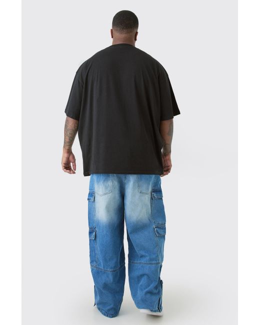 BoohooMAN Blue Plus Baggy Rigid Bm Applique Multi Pocket Cargo Jeans for men