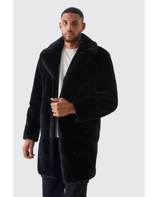 BoohooMAN Black Tall Faux Fur Overcoat for men