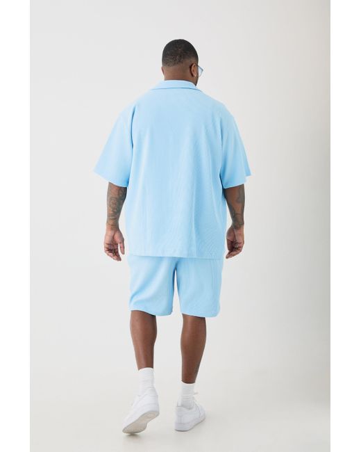 BoohooMAN Plus Drop Revere Pleated Shirt & Short Set In Blue for men