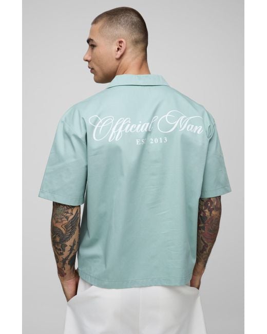 BoohooMAN Kurzärmliges kastiges Oversize Hemd mit Print in Blue für Herren