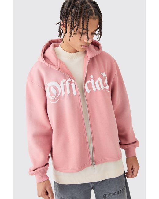 BoohooMAN Pink Oversized Boxy Zip Through Washed Denim Applique Hoodie for men